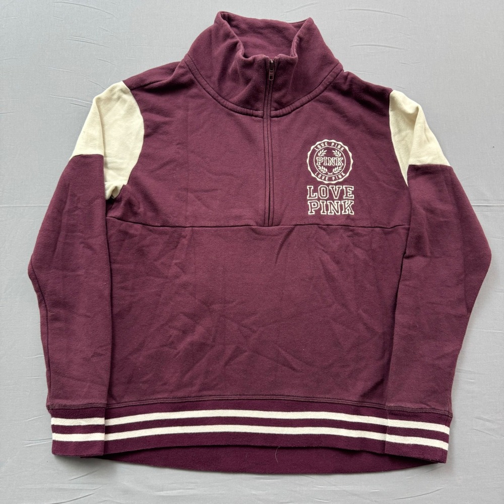 Victoria's Secret PINK Quarter Zip Sweatshirt Maroon Burgundy Colorblock Small